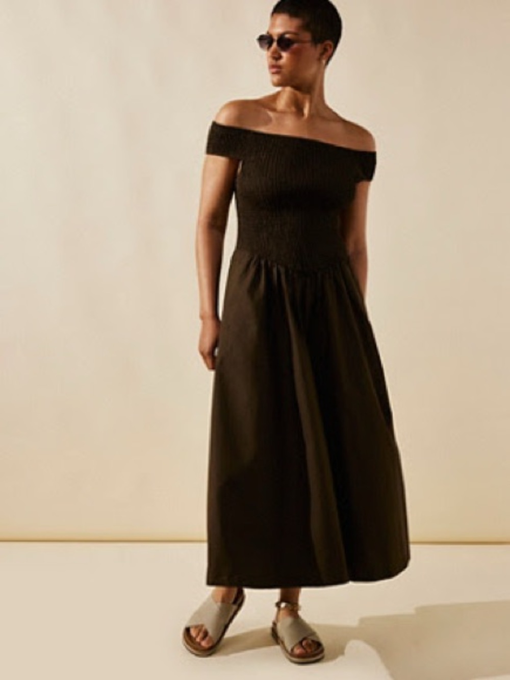 Free People | Dresses | Free People Offshoulder Brown Ceci Smocked Midi Dress